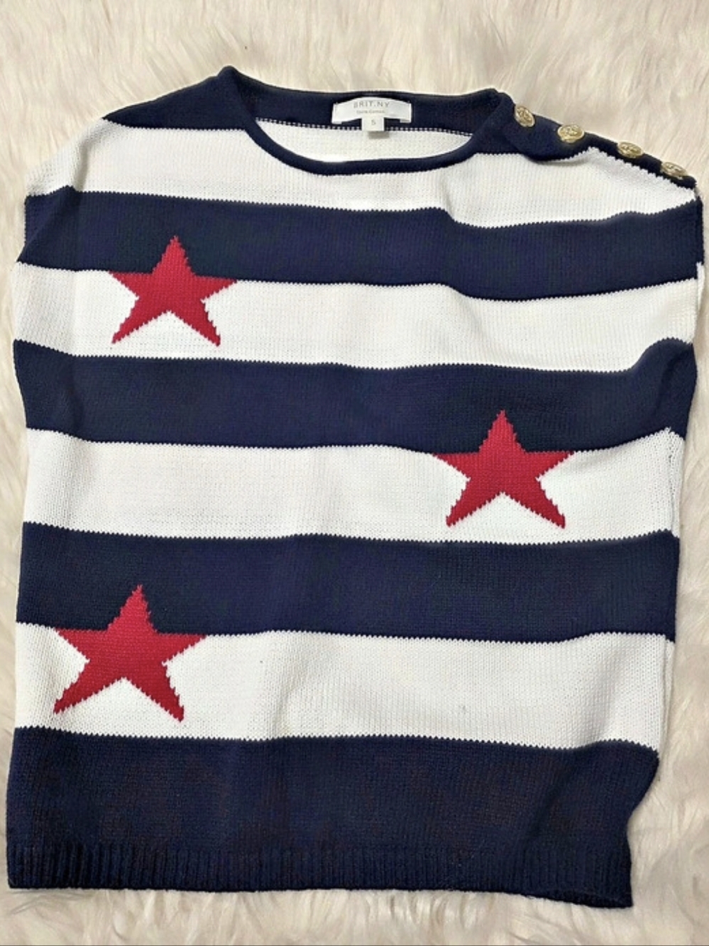 BRIT.NY Navy White Striped Knit Sweater with Red Stars Small